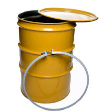 Yellow shipping barrel with lid and clamp